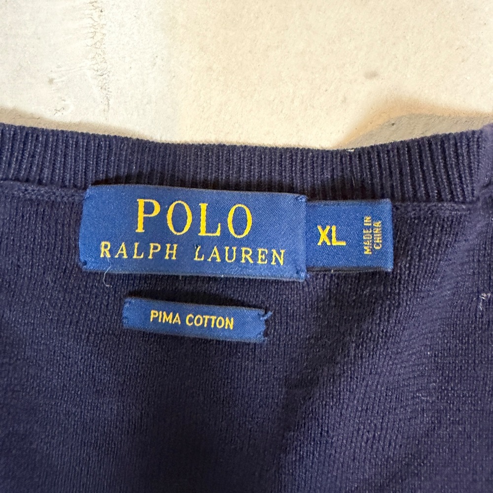 Polo Ralph Lauren Mens XL Navy Blue Pima Cotton V-Neck Sweater‎ Red Pony Logo - Picture 2 of 5
